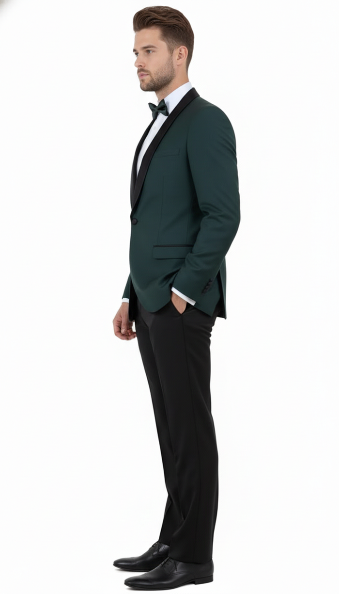 Mens Green Tuxedo Suit  Slim Fit Jacket with Black Satin Shawl Lapel and Black Pants in Hunter Green