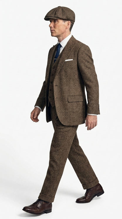 Men's Thomas Shelby Brown Herringbone 3-Piece Suit – Peaky Blinders 1920s Vintage-Style Suit with Matching Vest & Trousers