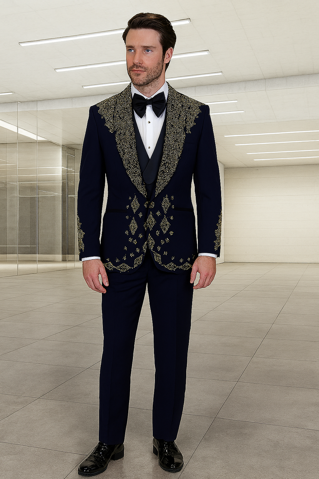 Mens Navy Tuxedo with Gold Embroidery  Slim Fit Formal Dinner Jacket with Shawl Lapel