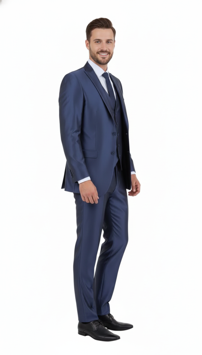 Mens Navy Blue Shiny Finish 3-Piece Suit Set  Premium Tailored Fit Formal Wedding and Party Sateen Slim Fitted Suit