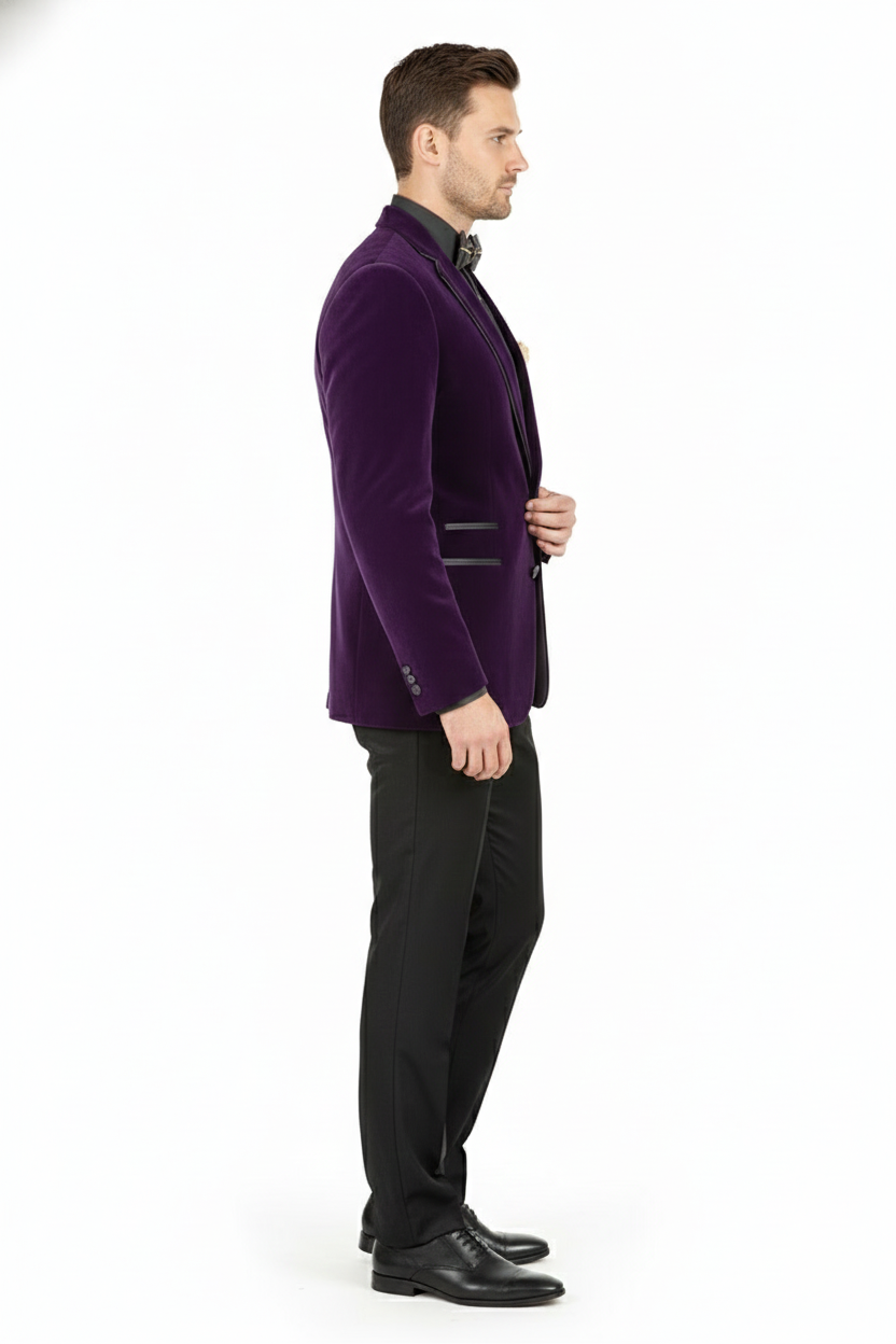 Mens Purple Velvet Blazer  Luxury Slim Fit Formal Jacket with Black Satin Trim Tuxedo Dinner Jacket