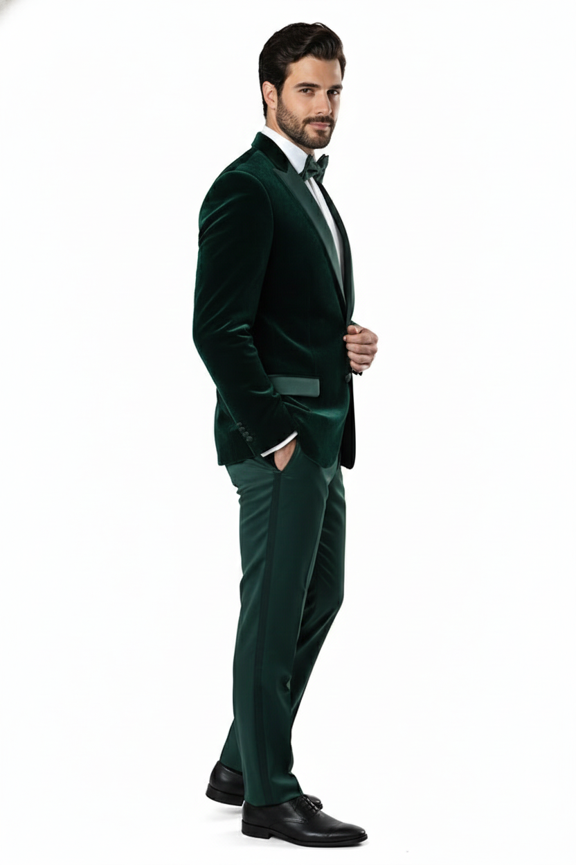 Mens Dark Green Velvet Tuxedo Dinner Jacket  Slim Fit Formal Blazer with Satin Peak Lapel Lape