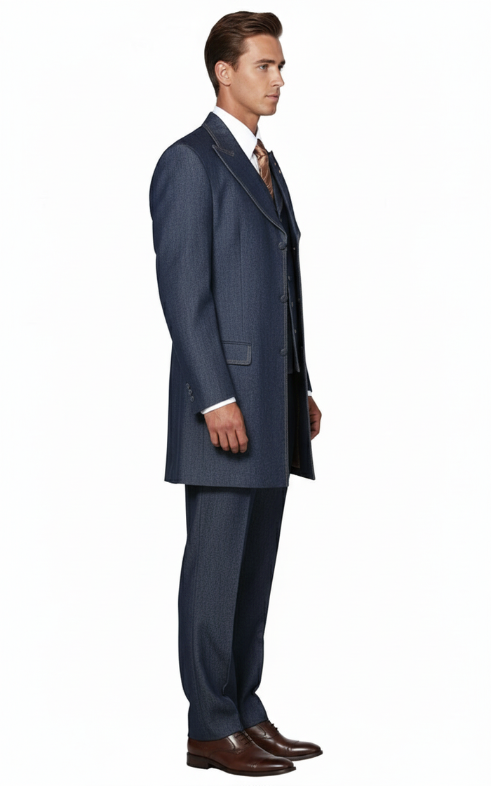 Mens Cotton Denim Three-Piece Suit  Modern Blazer Denim Suit with Vest and Trousers Pleated Pants Classic Fit
