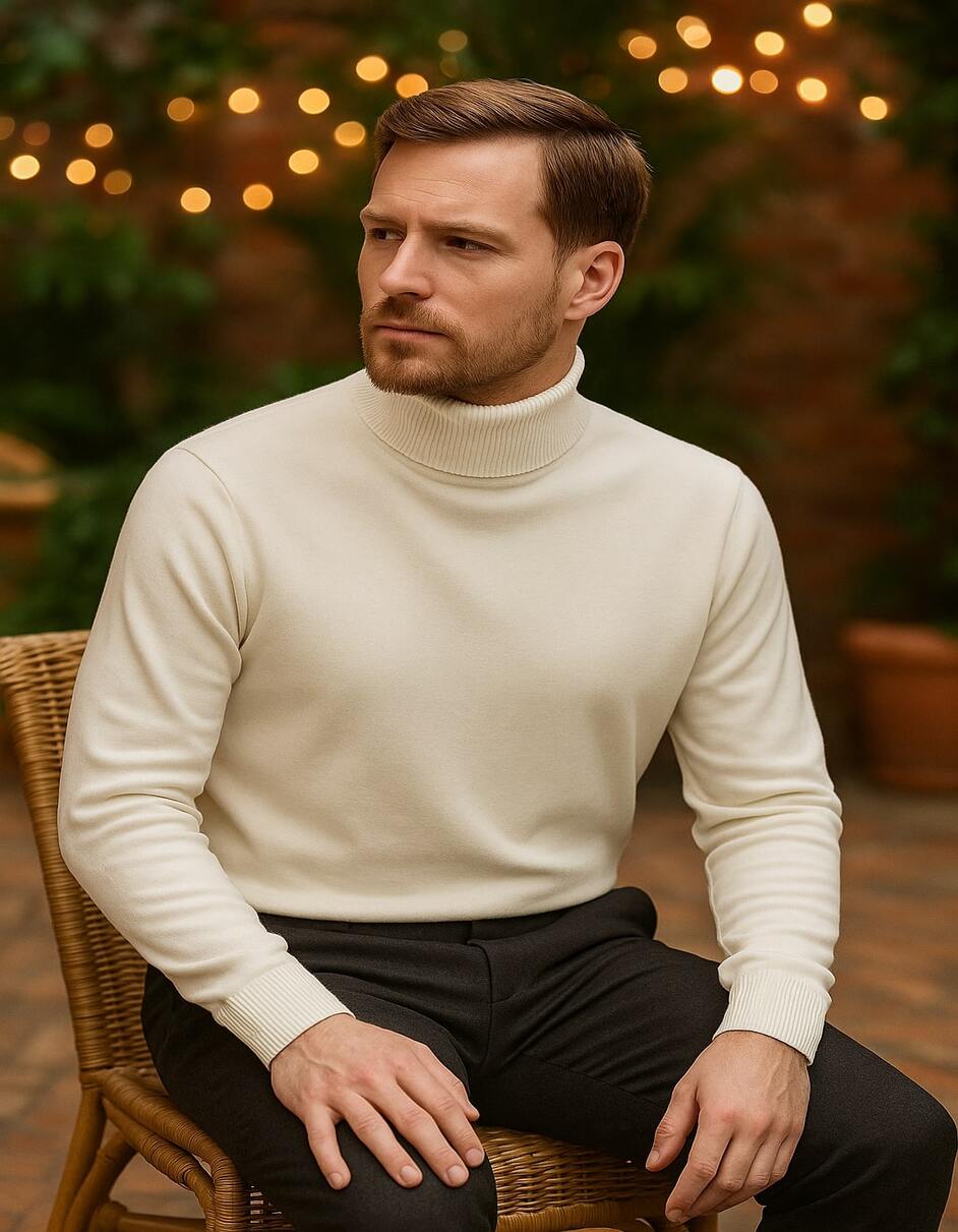 Men's Ivory Turtleneck Sweater  Classic Slim Fit Knit Pullover for Winter Elegance - Cream