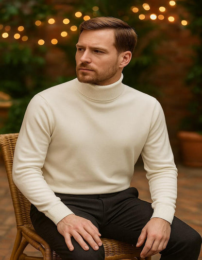 Men's Ivory Turtleneck Sweater  Classic Slim Fit Knit Pullover for Winter Elegance - Cream