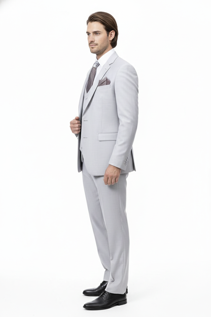 Mens Very Light Gray Three-Piece  Wedding Suit 2 Buttons Modern or Slim Fit  Ash Bone Color Steel Grey
