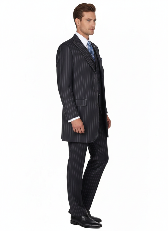 Mens Three Button Suits -  Navy Blue Pinstripe Three-Piece Suit  Classic Business and Formal Wear - Zoot Suit