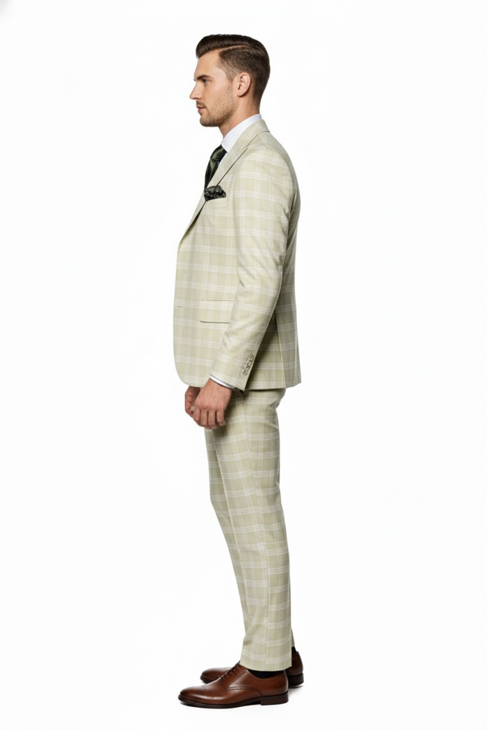 Mens Light Beige Check 3-Piece Suit Set  Premium Tailored Fit Formal Wedding and Spring Event Suit Light Tan Sand Color By Rossiman