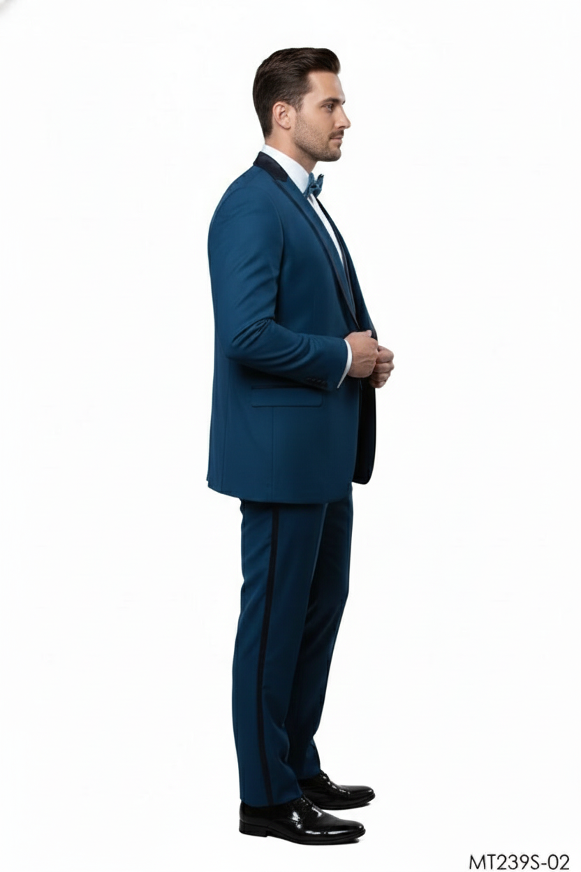 Mens Teal Blue Tuxedo  3-Piece Formal Suit with Satin Shawl Lapel, Vest, and Pants in Saphire Cobalt Blue Color