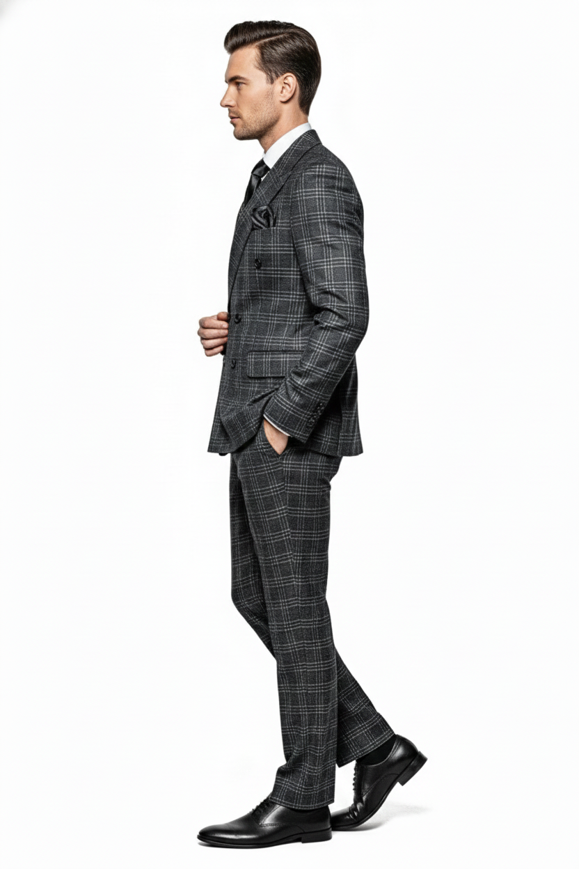 Mens Charcoal Plaid Double-Breasted Suit   Tailored Pants Windowpane Pattern By Rossiman