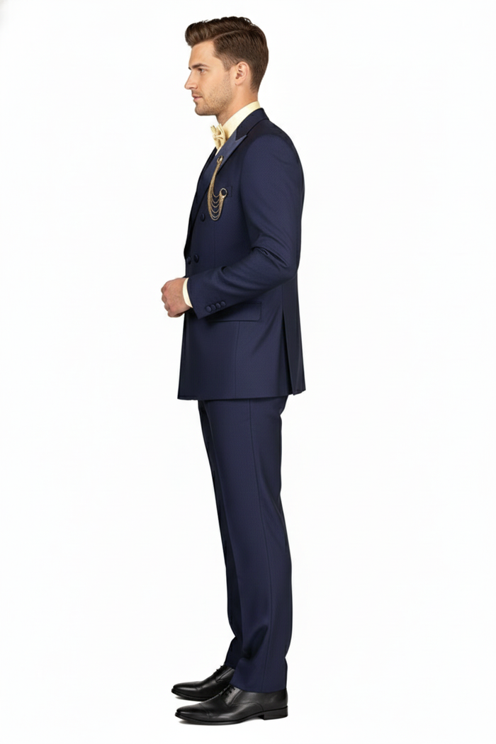 Mens Navy Blue Double-Breasted Tuxedo with navy Satin Peak Lapel Wedding Suit