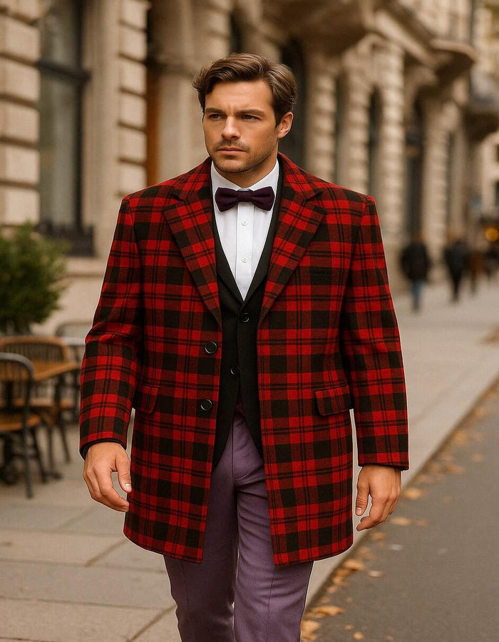 Mens Red and Black Plaid Wool Overcoat  Tartan Texture Fabric Christmas Carcoat