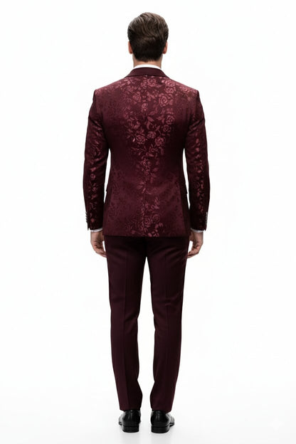 Men’s Burgundy Floral Jacquard Tuxedo Dinner Jacket – Paisley Velvet Lapel Formal Wear for Weddings and Prom