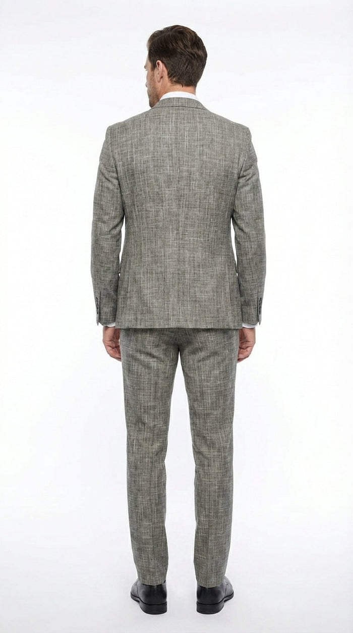 Vitali Brand Men’s Grey Textured Patterned 3 Piece Suit – Modern Fit Checkered Sharkskin with Blazer, Vest & Trousers, Business Wedding