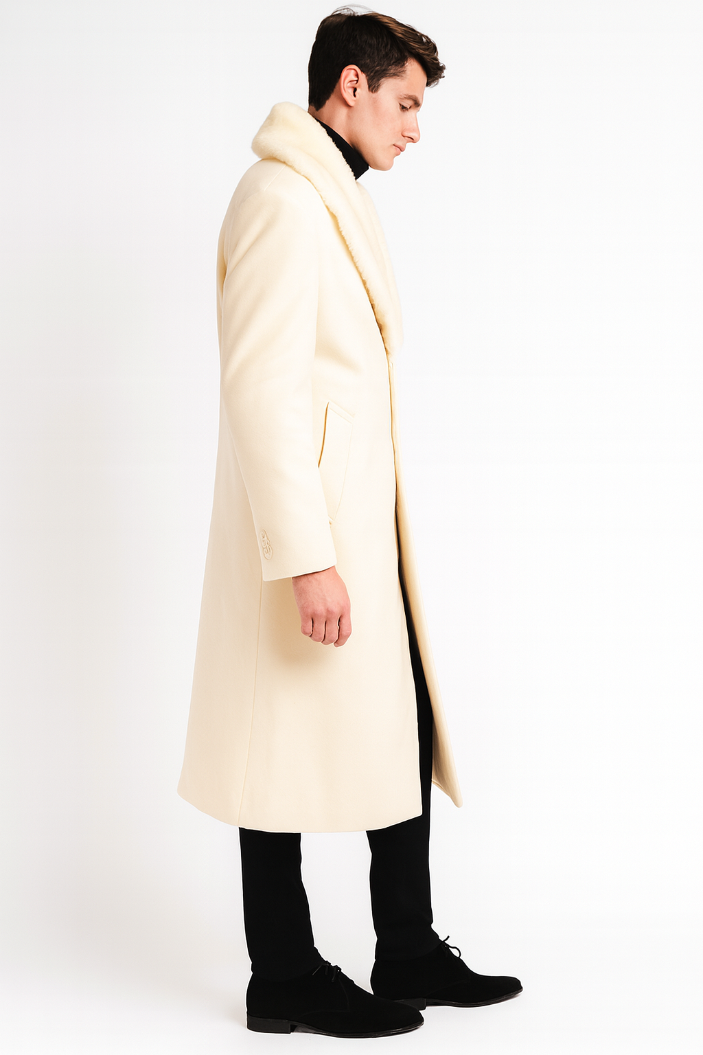 Mens Ivory - Cream - Off White Full-Length Overcoat with Luxurious Faux Fur Shawl Collar  Winter Dress Coat