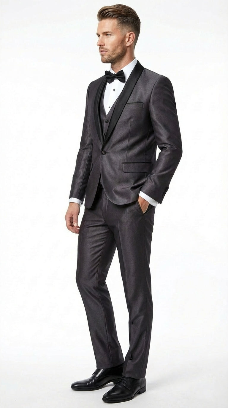 Men’s Shiny Sateen Charcoal Gray Tuxedo Three Piece Suit with Black Shawl Lapel | Formal Wedding Prom Suit Sharkskin
