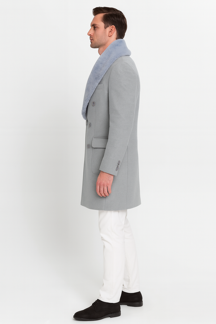 Mens Light Grey Double Breasted Overcoat with Faux Fur Shawl Collar  Winter Luxury Coat Wool Fabric
