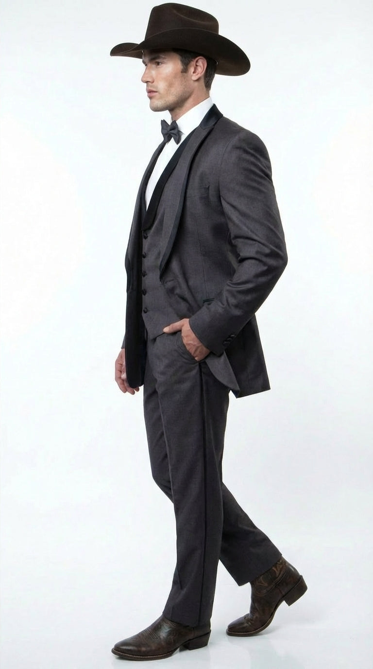 Charcoal Gray Western Tuxedo for Men | Classic Three Piece Formal Wedding and Evening Cowboy Tuxedo Suit With Trim Peak Lapel