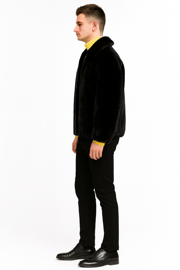 Men's Black Faux Fur Jacket - Luxury Winter Zip-Up Coat with Soft Plush Finish
