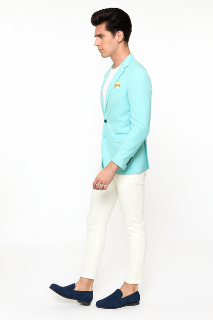 Men's Aqua Blazer - Slim Fit One Button Suit Jacket with Stylish Floral Inner Lining - Light Turquoise
