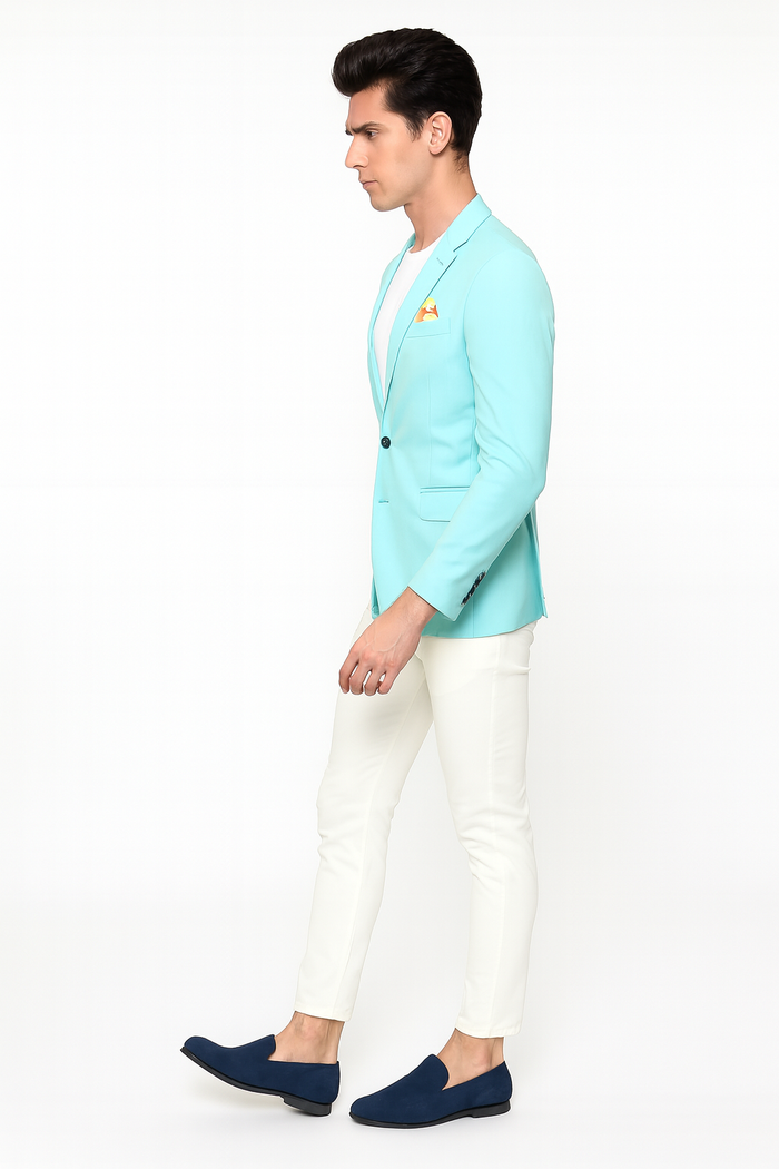 Men's Aqua Blazer - Slim Fit One Button Suit Jacket with Stylish Floral Inner Lining - Light Turquoise
