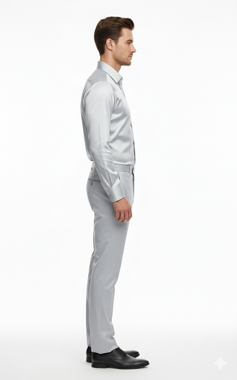 Mens Silver Satin Dress Shirt and Pants Set  Luxury Slim Fit Outfit for Parties, Weddings, and Formal Events