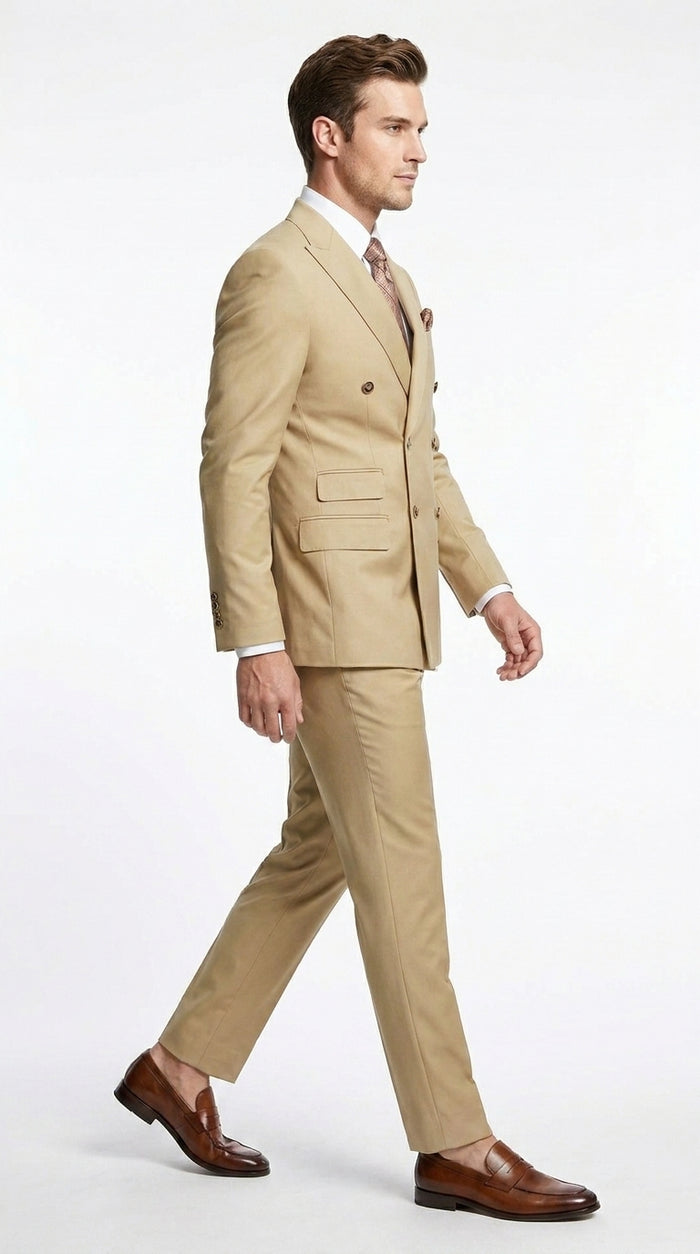 Mens Designer Modern Fit Double Breasted Designer Camel Gold Buttons Suit