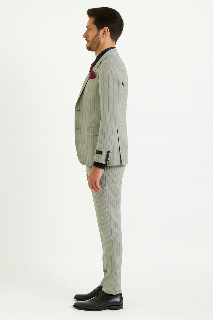 Mens 3-Piece Light Grey Pinstripe Suit with Vest  Classic Business, Wedding, and Formal Attire