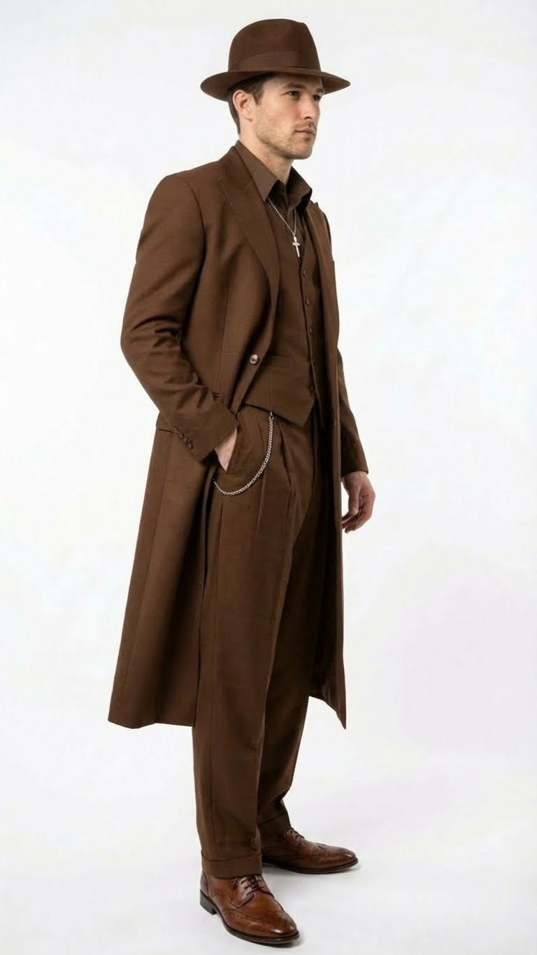 Mens Brown 1920s Zoot Suit  Long Gangster Mafia Suit Vintage Three-Piece Costume Set Pachuco Style