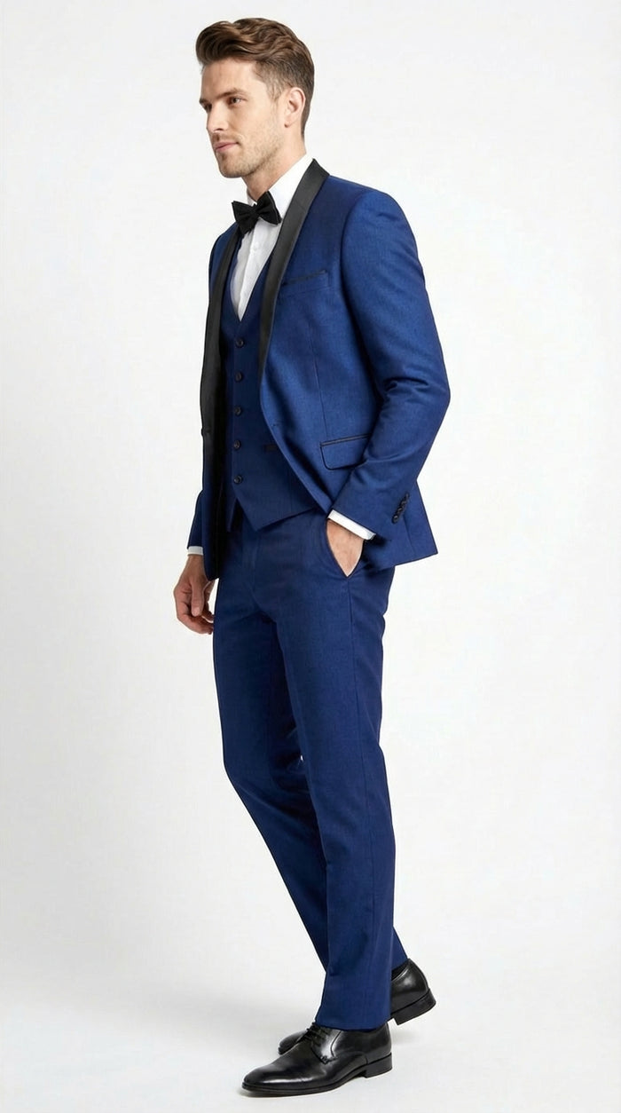 Men’s Shiny Sharkskin Saphire Royal Blue Tuxedo 3 Piece Suit with Black Shawl Lapel | Formal Wedding Prom Suit Shiny Fabric