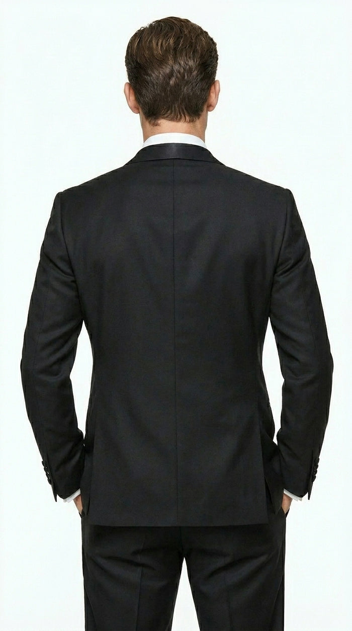 Men’s Black Double Breasted Tuxedo Jacket with Satin Peak Lapel, Formal Wedding Dinner Blazer