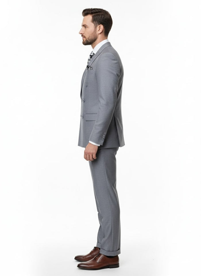 Mens Grey Tone on Tone Double-Breasted Suit  Classic Slim Fit 2 Piece Formal Business Gray Shadow Stripe