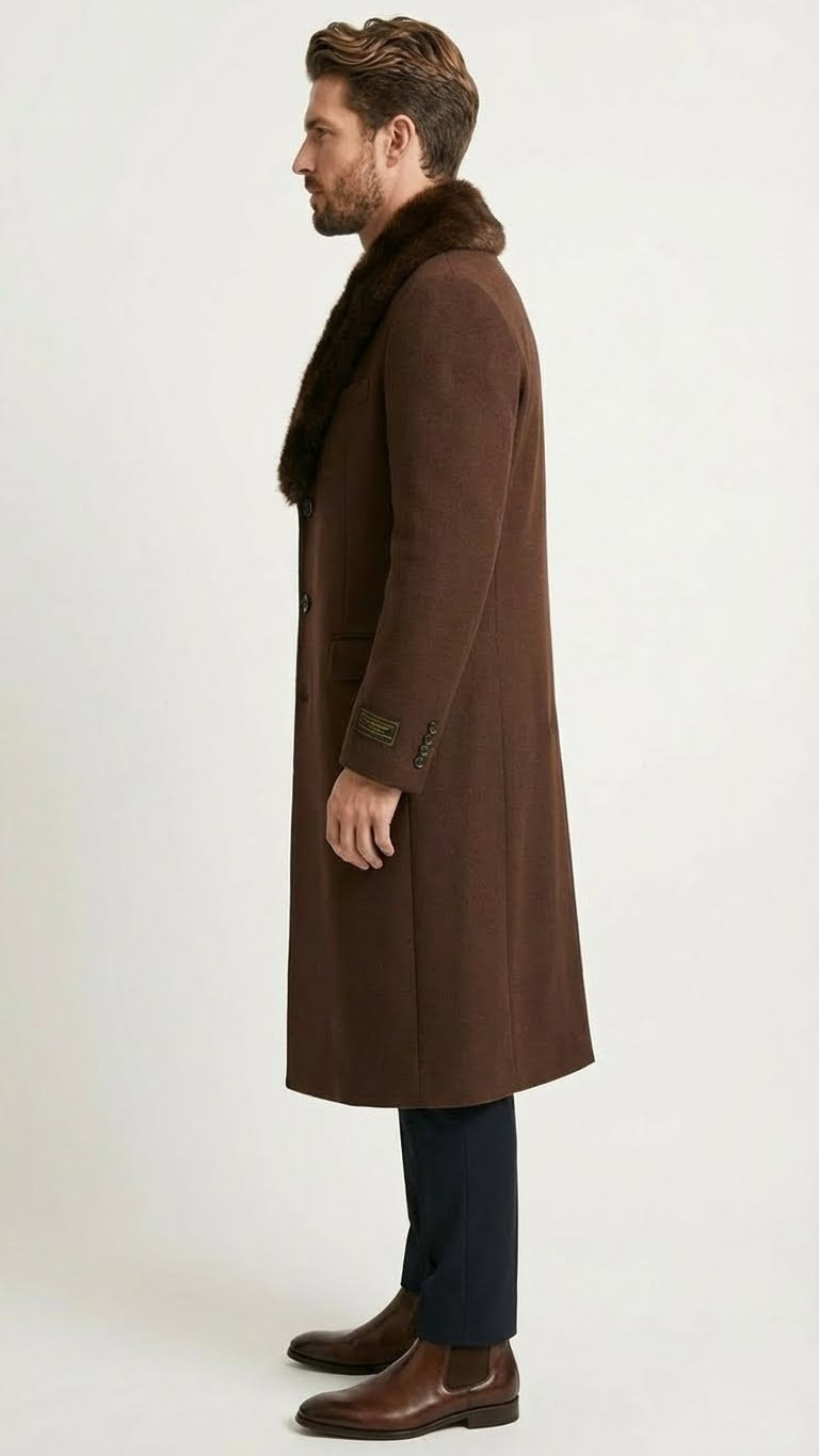 Mens Brown Long Overcoat with Faux Fur Collar  Classic Winter Formal Coat Three Quarter Carcoat Wool and Cashmere Fabric