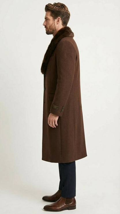Mens Brown Long Overcoat with Faux Fur Collar  Classic Winter Formal Coat Three Quarter Carcoat Wool and Cashmere Fabric