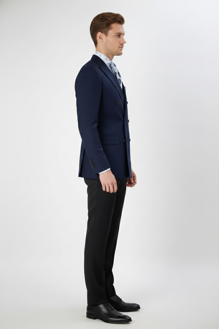 Mens Navy Blue Double-Breasted Blazer - Suit Jacket  Premium Tailored Fit Formal Wedding and Business Sport Coat