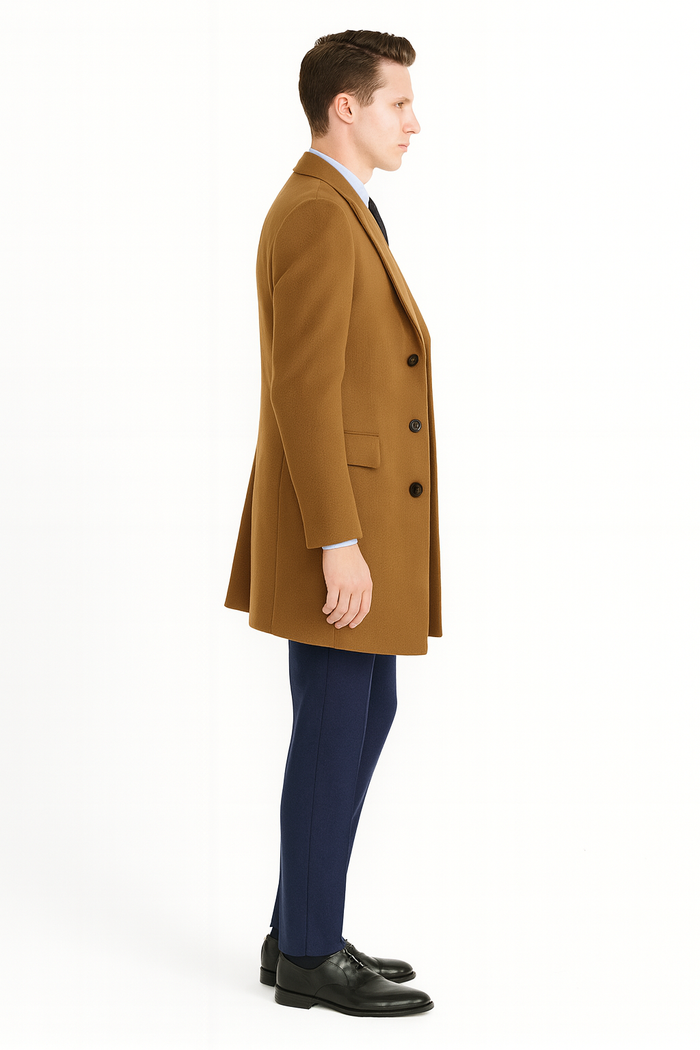 Mens Camel Brown Wool Overcoat  Classic Long Dress Coat for Business and Casual Wear in Vecuna Color