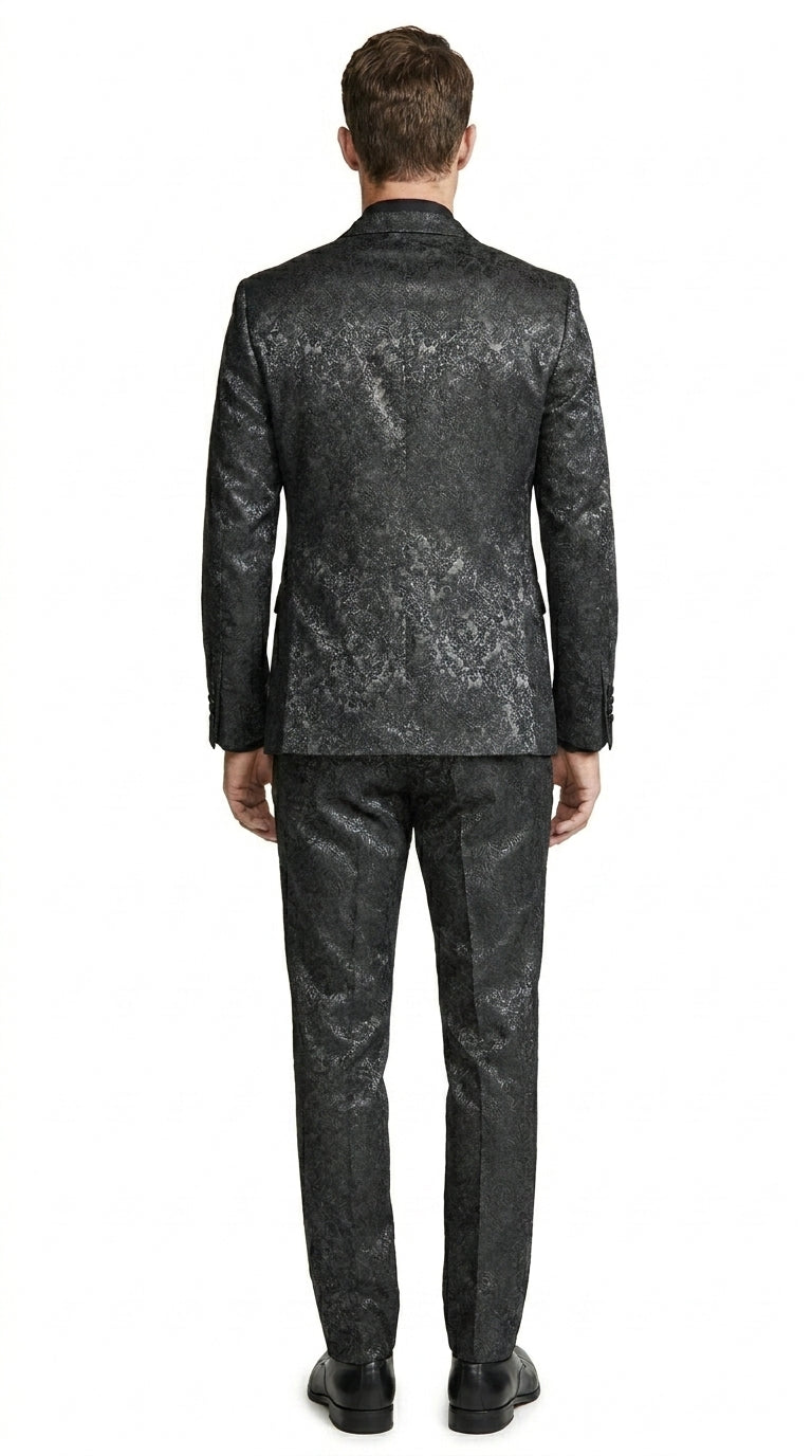 Men’s Black Paisley Wedding and Prom Tuxedo with One Button Jacket, Formal Dinner Suit
