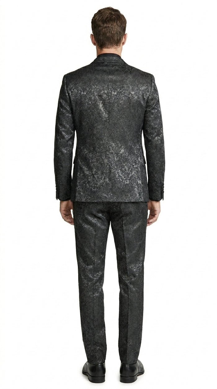 Men’s Black Paisley Wedding and Prom Tuxedo with One Button Jacket, Formal Dinner Suit