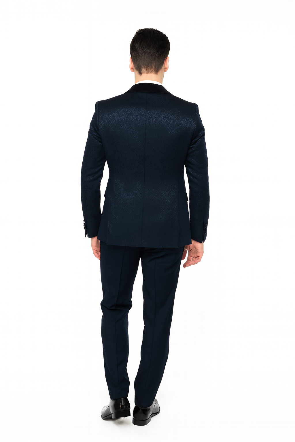 Mens Navy Blue Jacquard Tuxedo with Black Velvet Shawl Lapel  3 Piece Formal Suit with Bow Tie