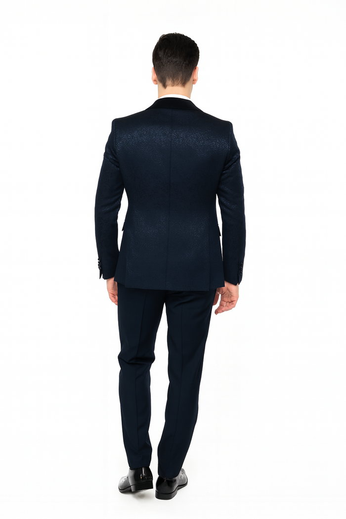 Mens Navy Blue Jacquard Tuxedo with Black Velvet Shawl Lapel  3 Piece Formal Suit with Bow Tie