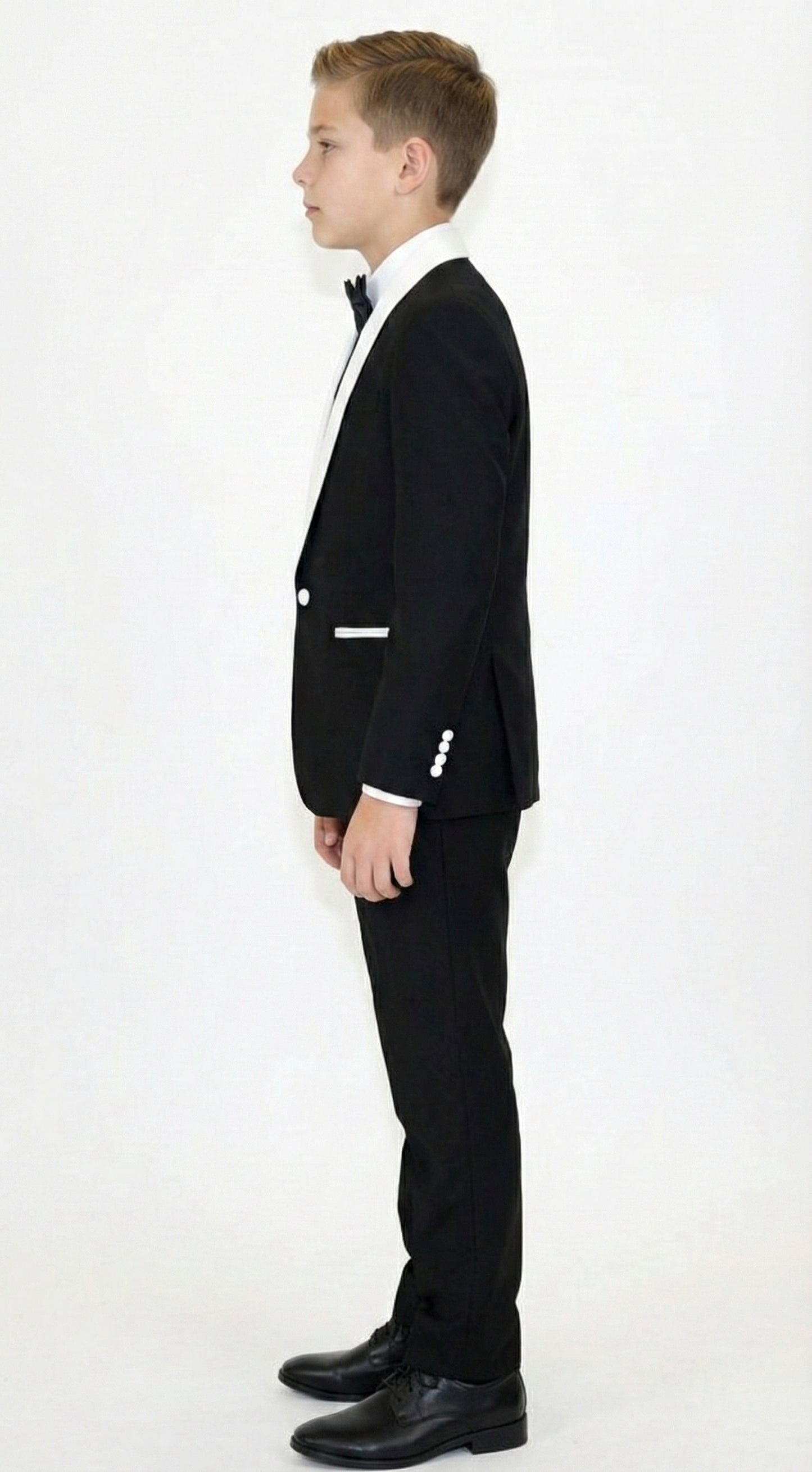 Boys Black Tuxedo Suit with White Shawl Lapel and Bow Tie | Formal Wedding & Prom Outfit Set