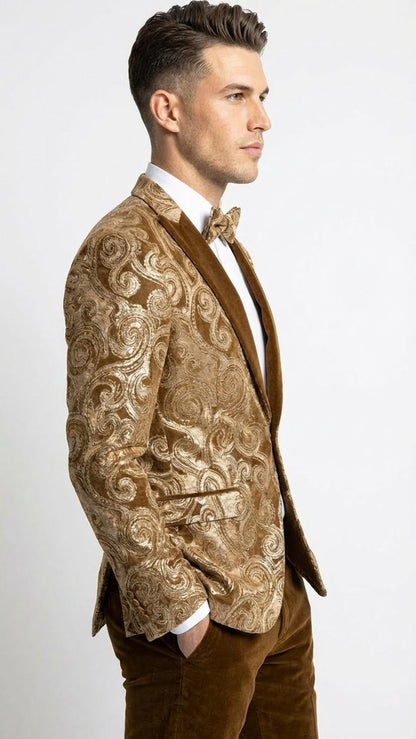 Mens Goldish Light brown Tuxedo dinner Jacket Embroidered Blazer  Velvet Jacket for Formal Paisley Pattern Coffee Mocca Color