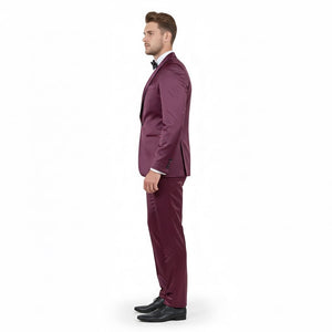 Mens Sateen Shiny Burgundy Slim Fit Tuxedo  Satin Shawl Lapel 3-Piece Suit
