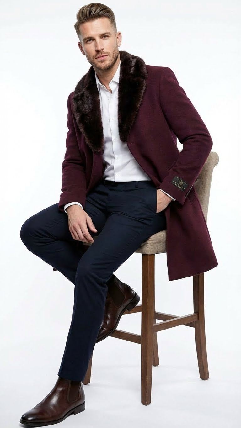 Mens Burgundy Three Quarter Coat with Faux Fur Collar Overcoat  Luxury Winter Outerwear Three Quarter Carcoat Topcoat