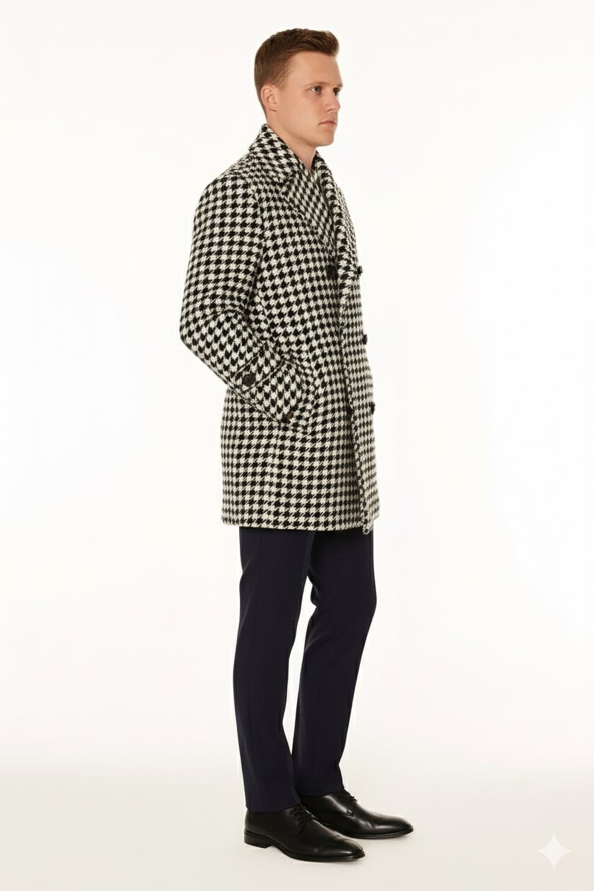 Mens Houndstooth Double-Breasted Overcoats  Classic Black and White Wool Blend Peacoat Wool Fabric