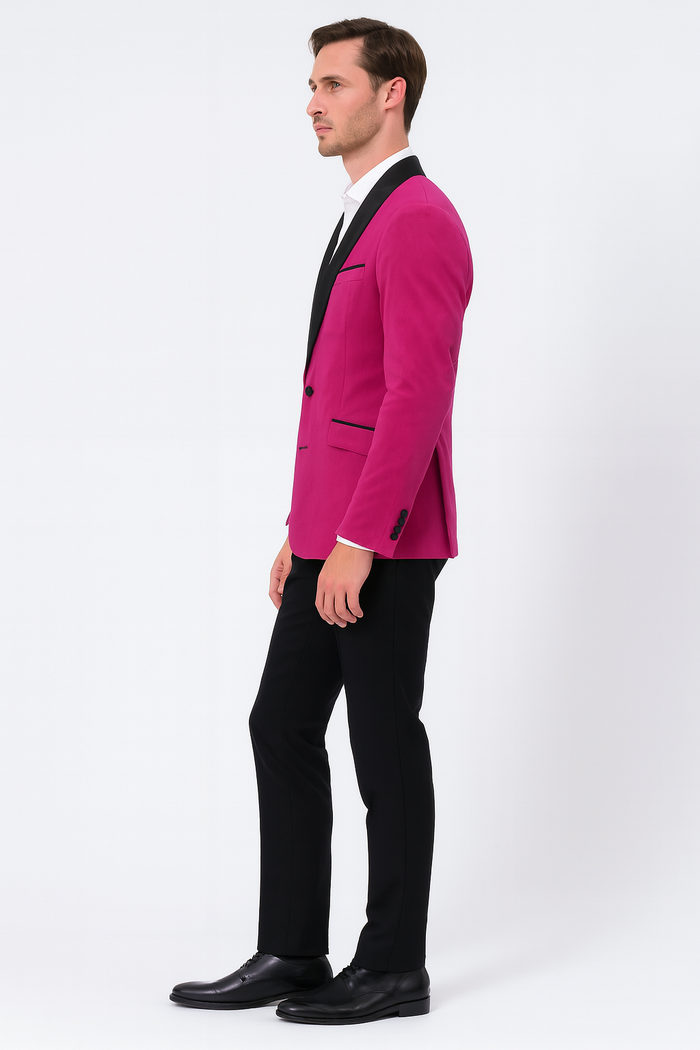 Men's Fuchsia Tuxedo Blazer with Black Satin Lapel - Stylish Party and Wedding Jacket in Hot Pink Color with Black Pants