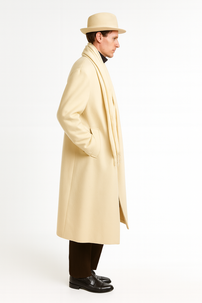 Mens Long Cream Overcoat Wool Fabric in Ivory Off White Color Full length