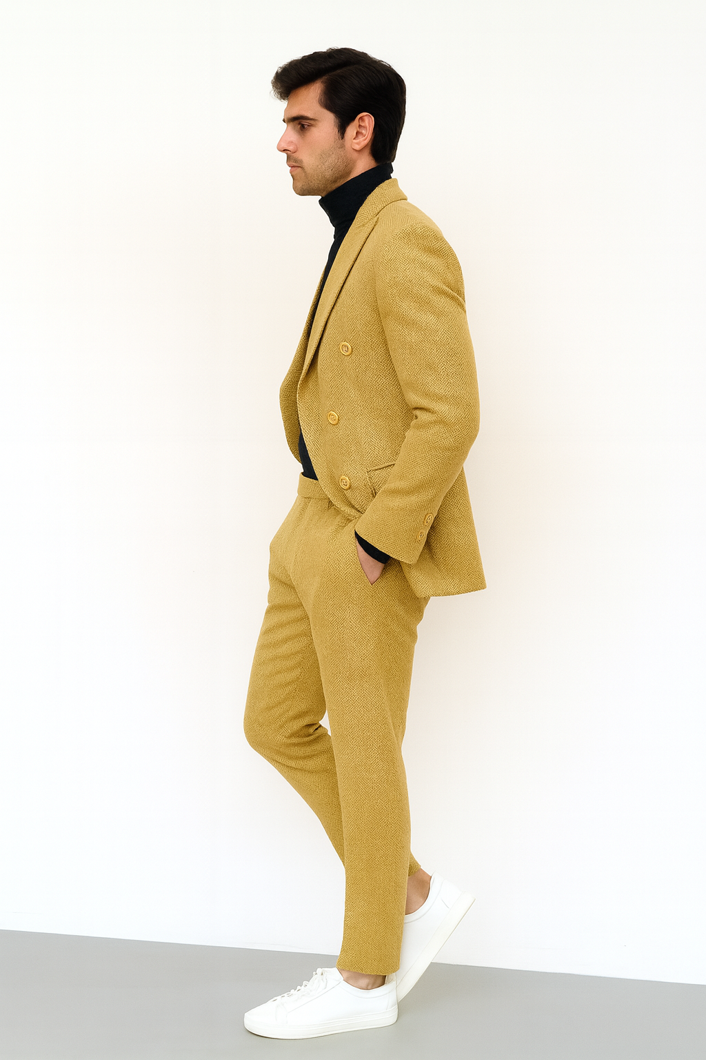 Men's Gold Double Breasted Suit - Classic 1920s Camel Color Formal Slim Fit Suit