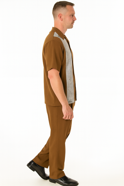 Mens Cognac Tan Two-Piece Outfit  Short Sleeve Button-Up Shirt and Pants Set