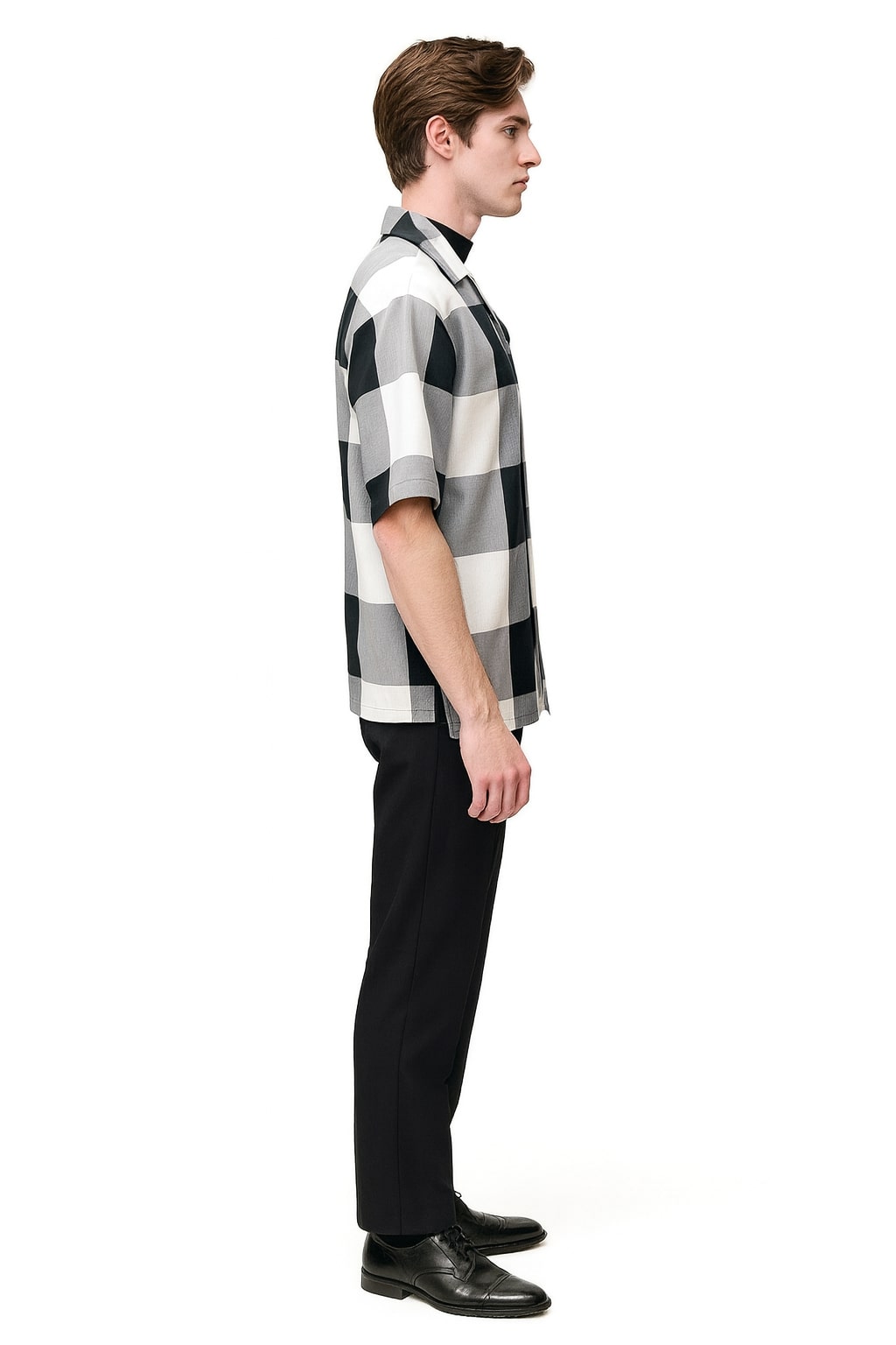 S Mens Black and White Checkered Short Sleeve Shirt Set – Casual